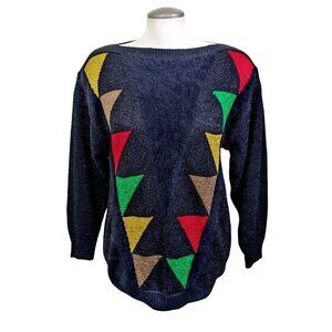 Olsen Vintage 80s Womens Sweater Medium Sparkly Black Multicolor Maximalist Bold